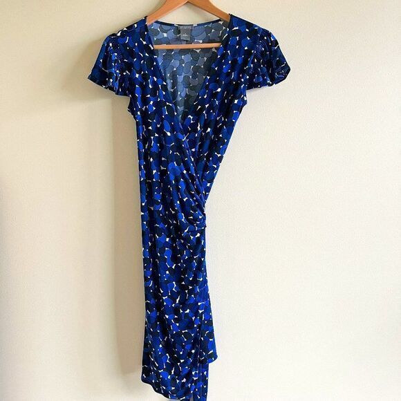 Ann Taylor Blue‎ Circles Print Cap Sleeve Matte Jersey Wrap Dress Women's… - Picture 1 of 6